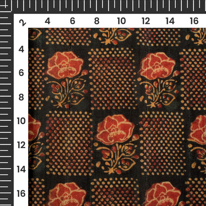 Carmine Red Floral Digital Print Art Tusser Silk Fabric