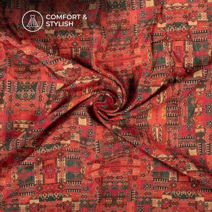 Green Traditional Digital Print Art Tusser Silk Fabric