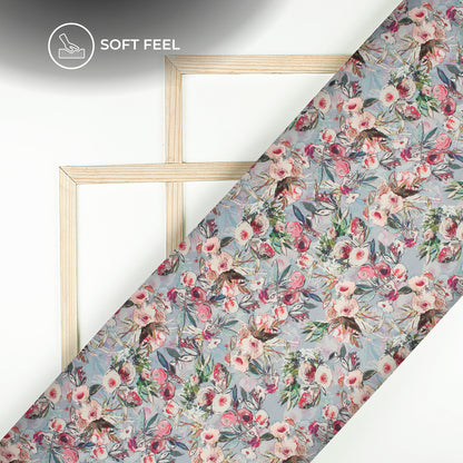Dolphin Gray Floral Digital Print Japan Satin Fabric
