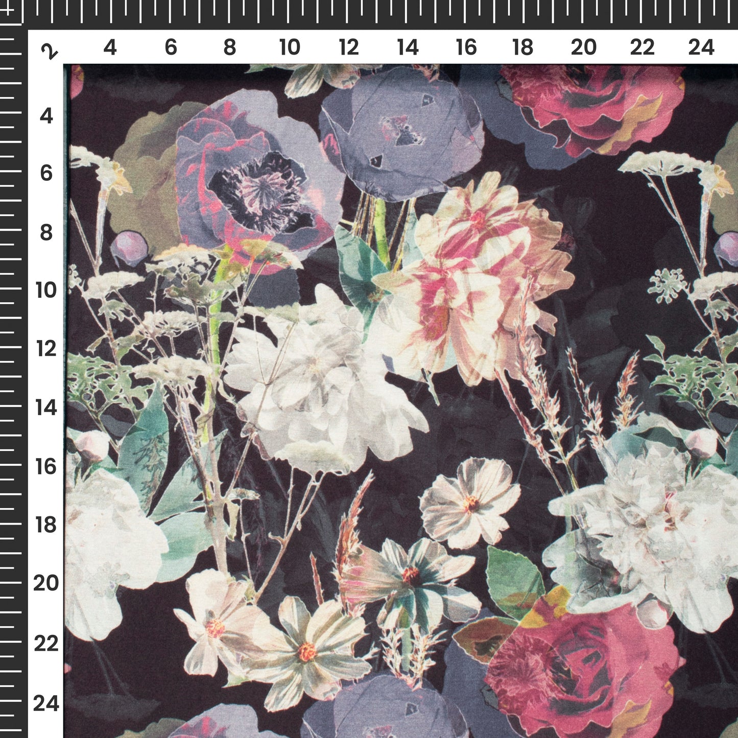 Luxurious Black Floral Digital Print Japan Satin Fabric
