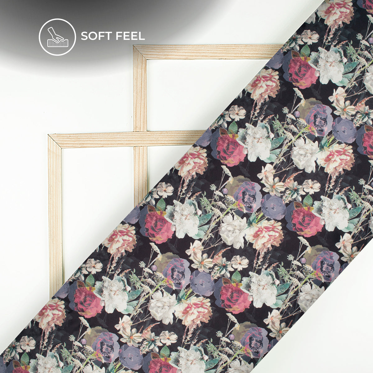 Luxurious Black Floral Digital Print Japan Satin Fabric