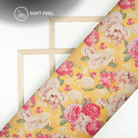 Attractive Yellow Floral Digital Print Japan Satin Fabric