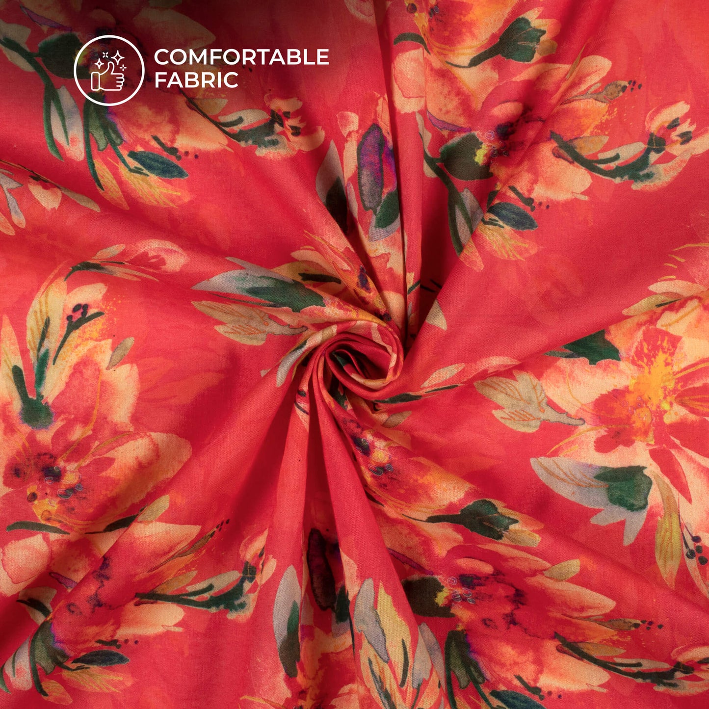 Crimson Red Floral Digital Print Cotton Cambric Fabric