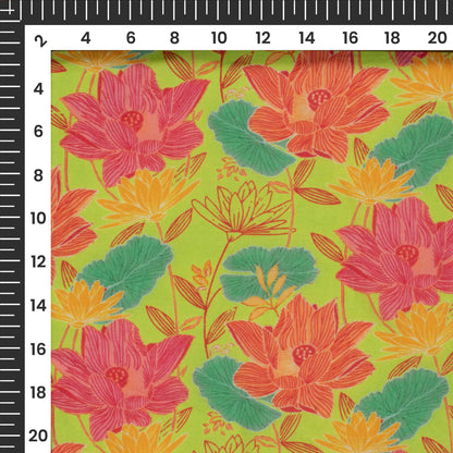 Chartreuse Yellow Floral Digital Print Cotton Cambric Fabric