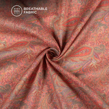 Sunkist Coral Paisley Digital Print Pure Cotton Mulmul Fabric