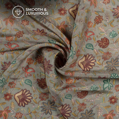 Grey Floral Digital Print Viscose Uppada Silk Fabric