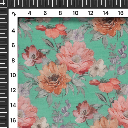 Cool Green Floral Digital Print Pure Organza Fabric