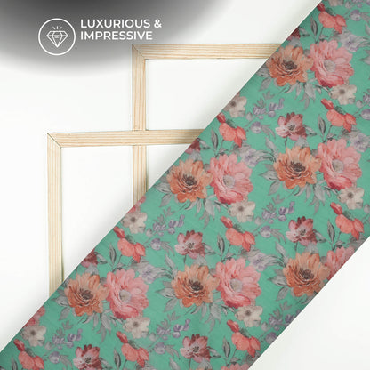 Cool Green Floral Digital Print Pure Organza Fabric