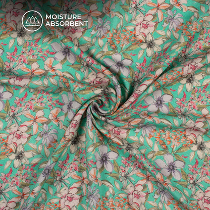 Seafoam Green Floral Digital Print Viscose Rayon Fabric(Width 58 Inches)