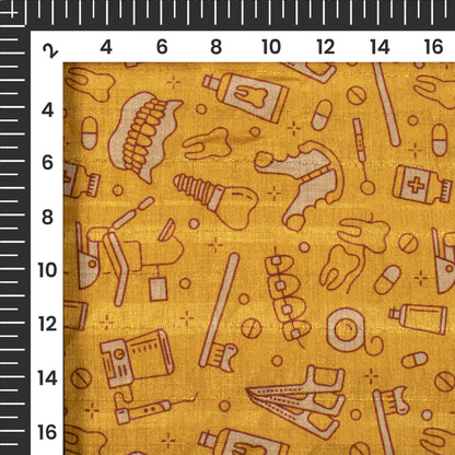 Golden Yellow Quirky Digital Print Art Tusser Fabric