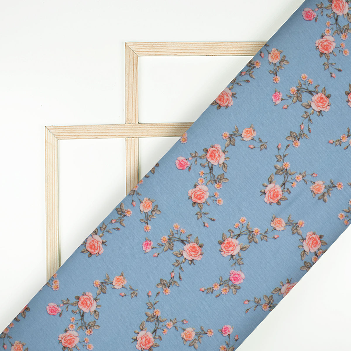 Baby Blue Floral Digital Print Chiffon Satin Fabric