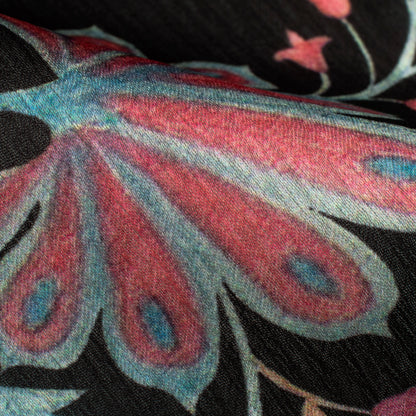 Black Floral Digital Print Chiffon Satin Fabric
