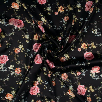 Top Selling Black Floral Digital Print Japan Satin Fabric