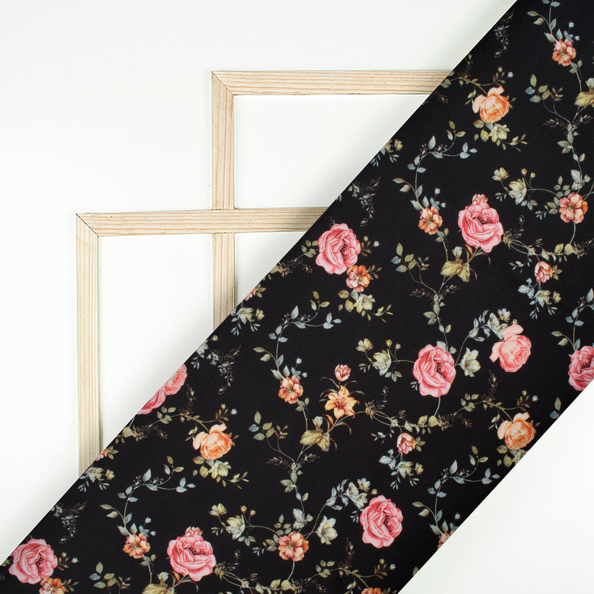 Top Selling Black Floral Digital Print Japan Satin Fabric