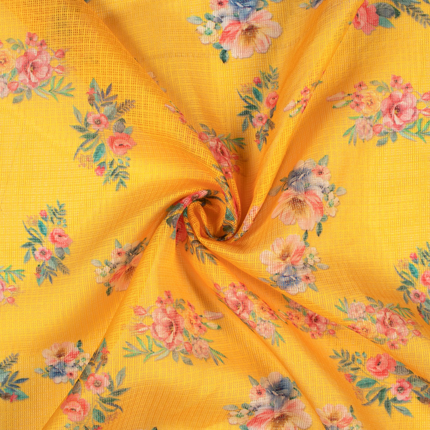 Yellow Floral Digital Print Kota Doria Fabric