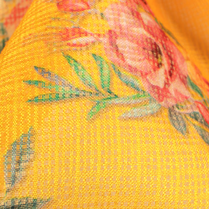 Yellow Floral Digital Print Kota Doria Fabric