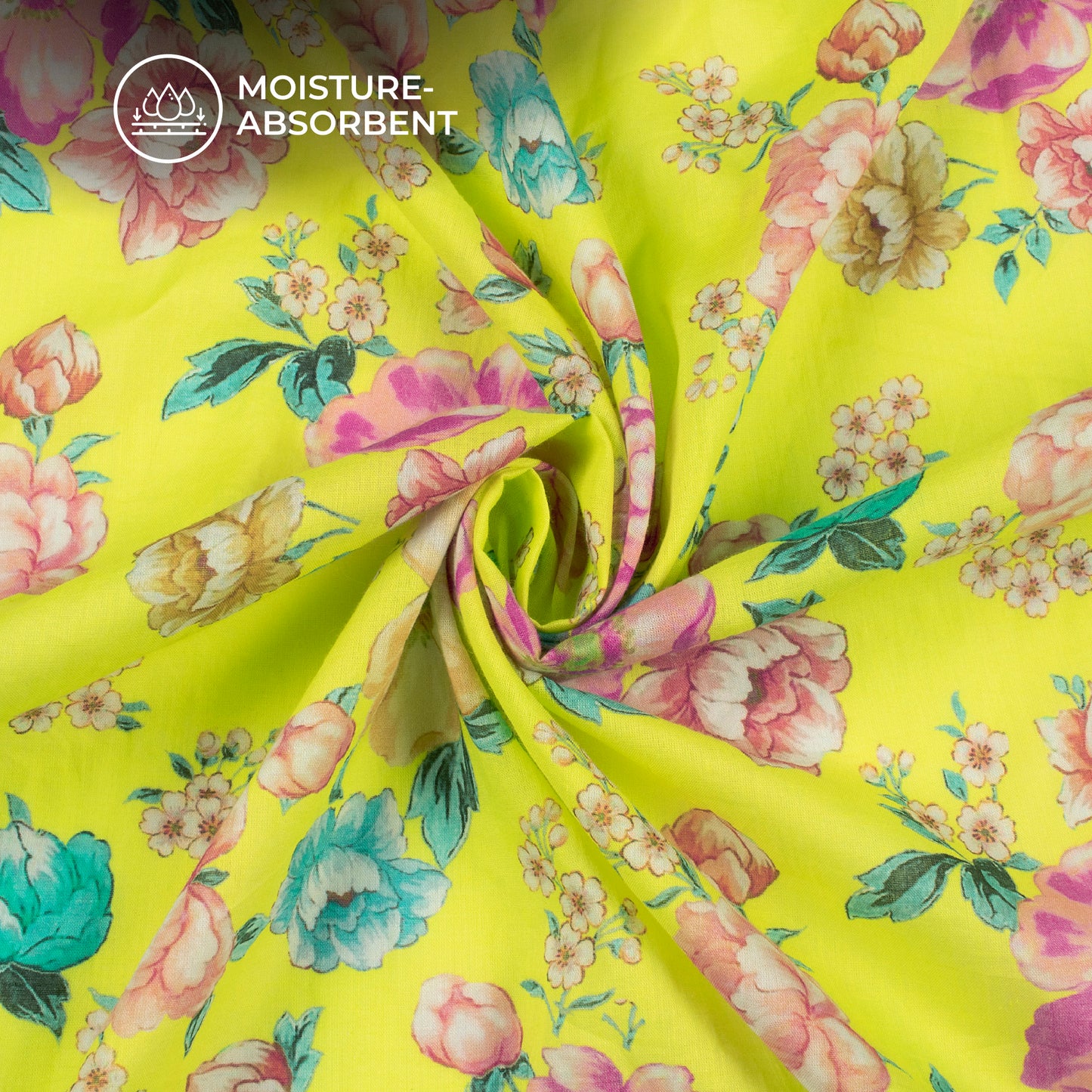 Lemon Yellow Floral Digital Print Pure Cotton Mulmul Fabric