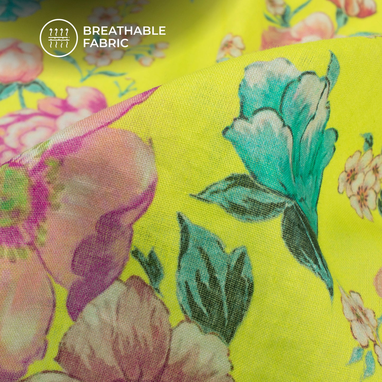 Lemon Yellow Floral Digital Print Pure Cotton Mulmul Fabric