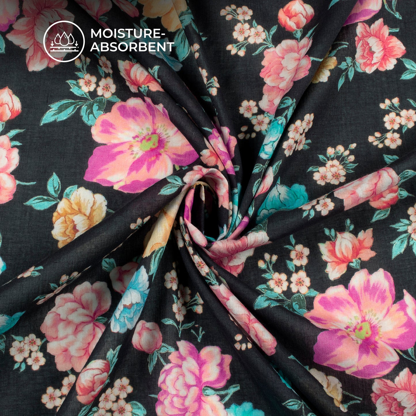 Black Floral Digital Print Pure Cotton Mulmul Fabric