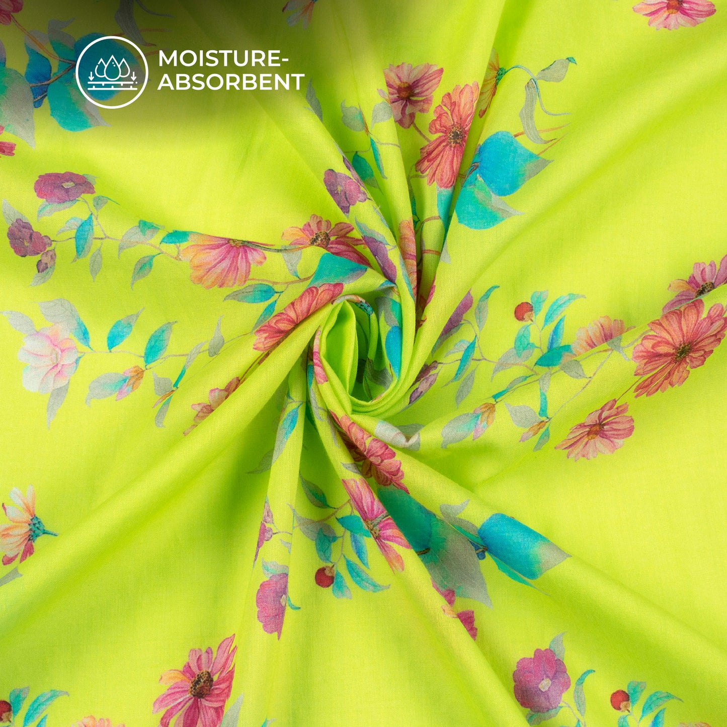 Lime Green Floral Digital Print Pure Cotton Mulmul Fabric