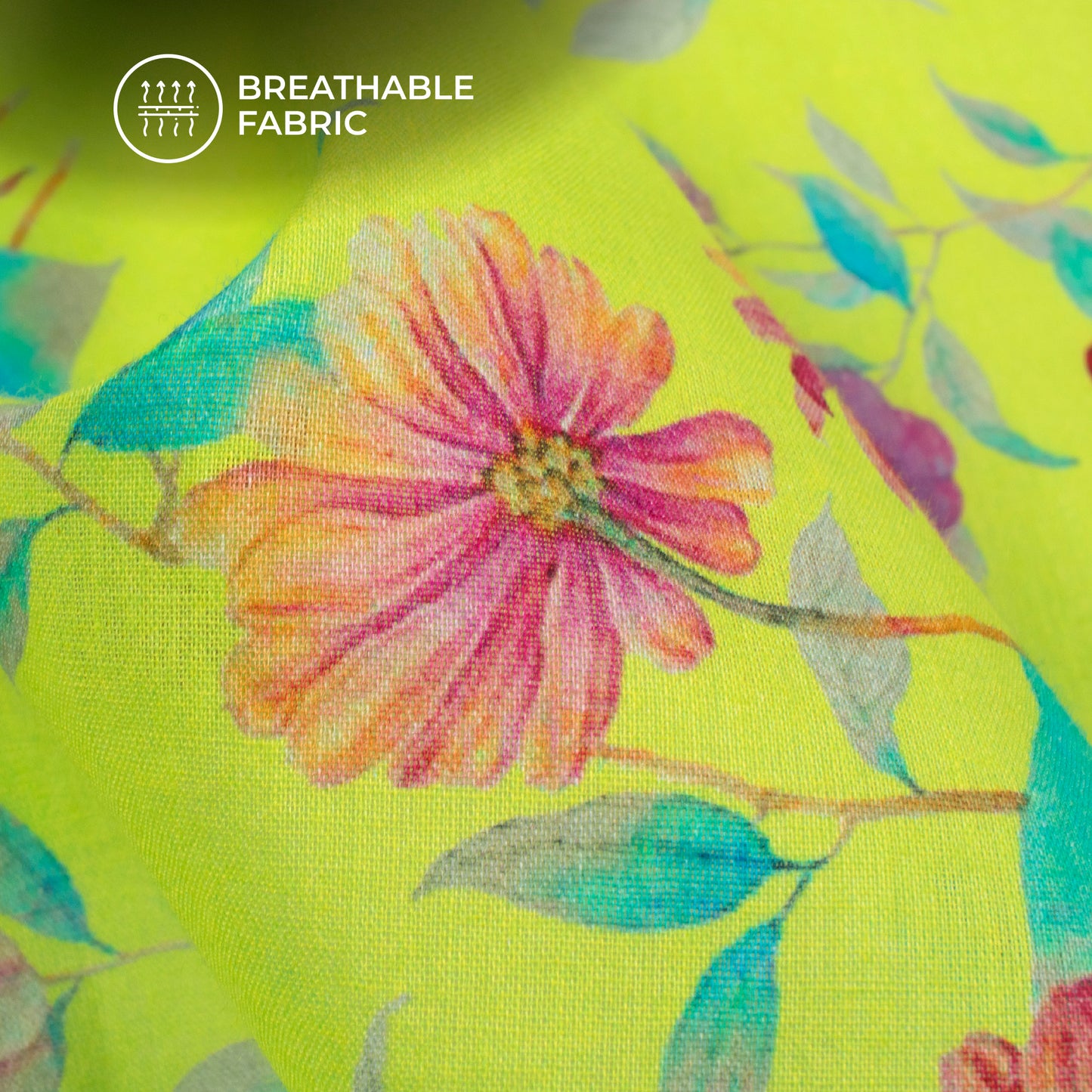 Lime Green Floral Digital Print Pure Cotton Mulmul Fabric