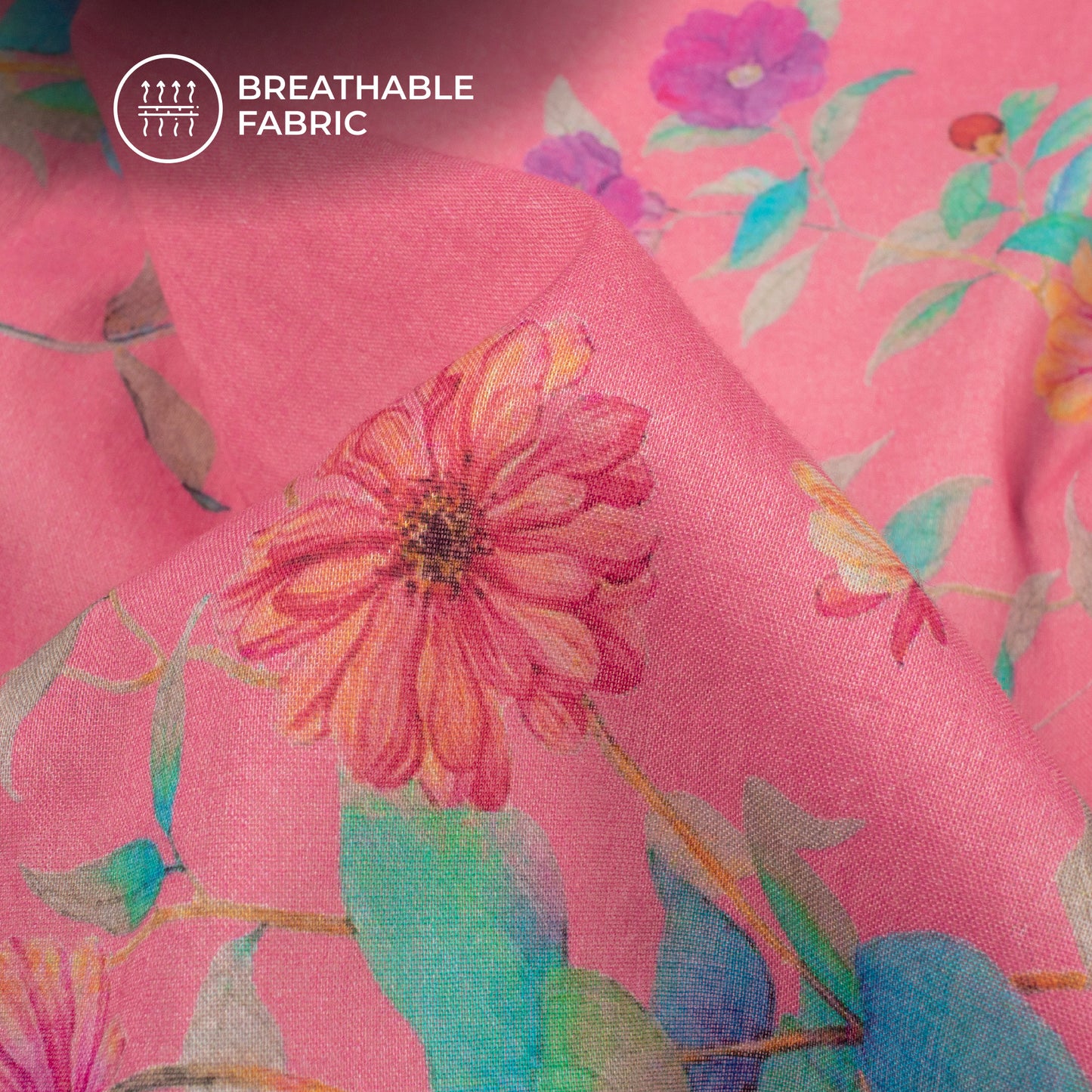 Flamingo Pink Floral Digital Print Pure Cotton Mulmul Fabric