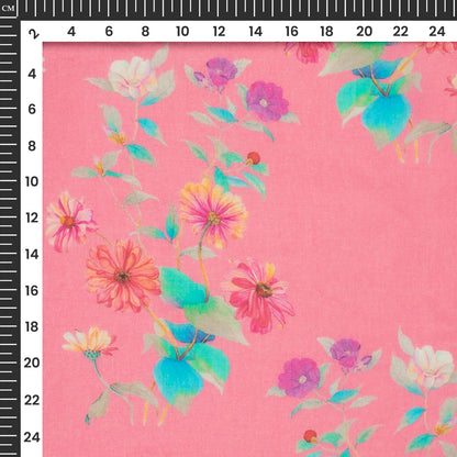 Flamingo Pink Floral Digital Print Pure Cotton Mulmul Fabric