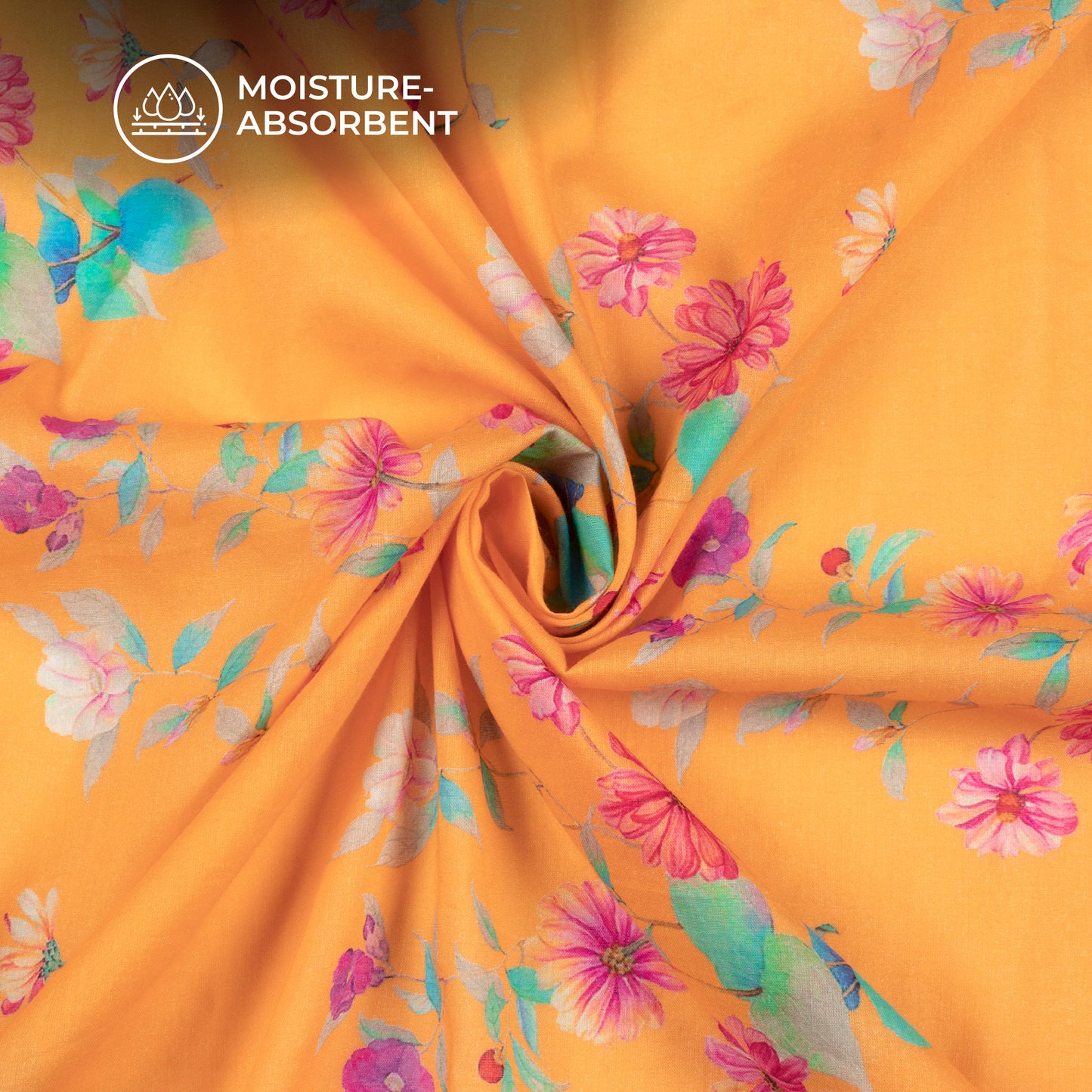 Honey Orange Floral Digital Print Pure Cotton Mulmul Fabric