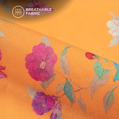 Honey Orange Floral Digital Print Pure Cotton Mulmul Fabric