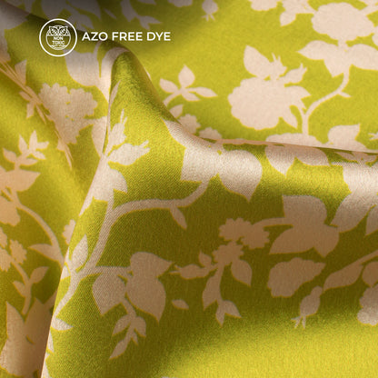 Charming Yellow Green Floral Digital Print Japan Satin Fabric