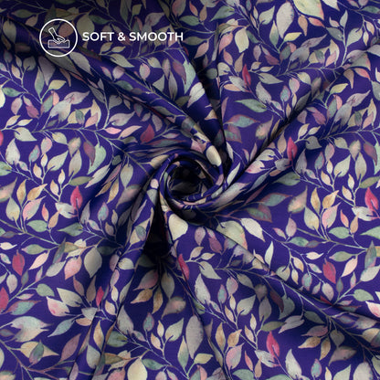 Royal Blue Leaf Digital Print Modal Satin Fabric
