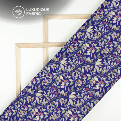 Royal Blue Leaf Digital Print Modal Satin Fabric