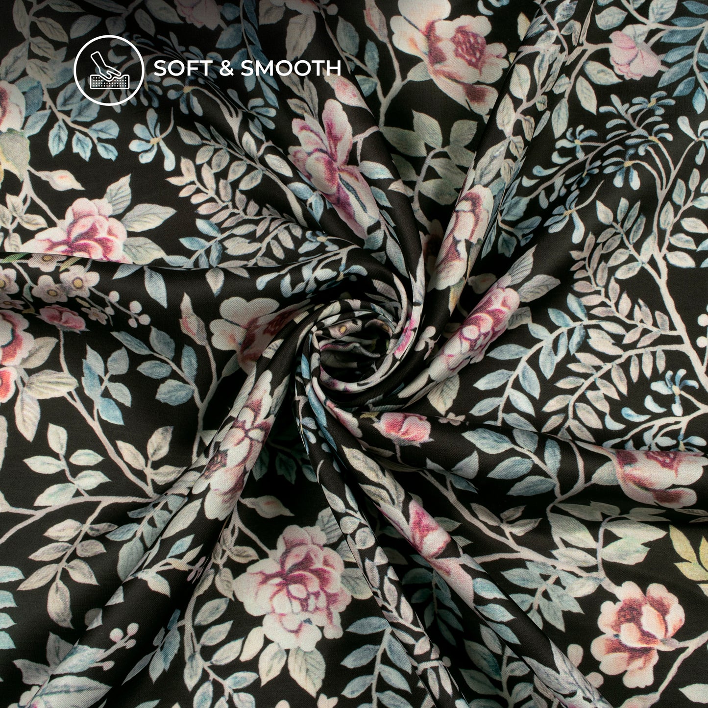 Black Floral Digital Print Modal Satin Fabric