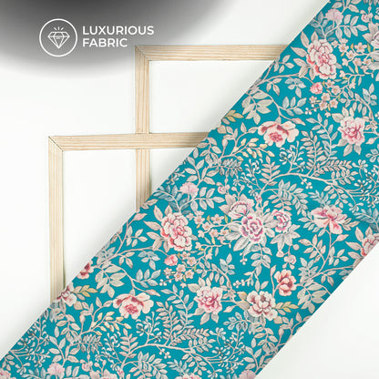 Sky Blue Floral Digital Print Modal Satin Fabric