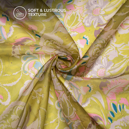 Olive Green Floral Digital Print Premium Swarovski Handwork Liquid Organza Fabric