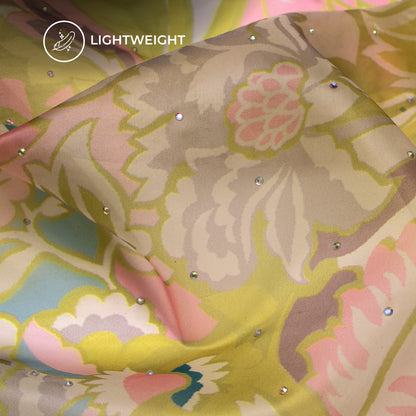 Olive Green Floral Digital Print Premium Swarovski Handwork Liquid Organza Fabric