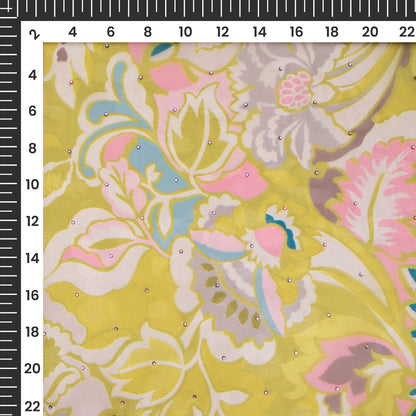 Olive Green Floral Digital Print Premium Swarovski Handwork Liquid Organza Fabric