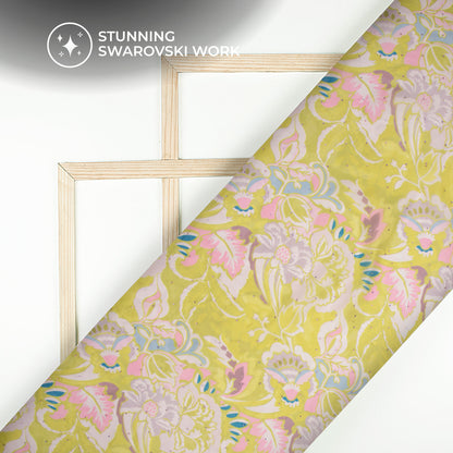Olive Green Floral Digital Print Premium Swarovski Handwork Liquid Organza Fabric
