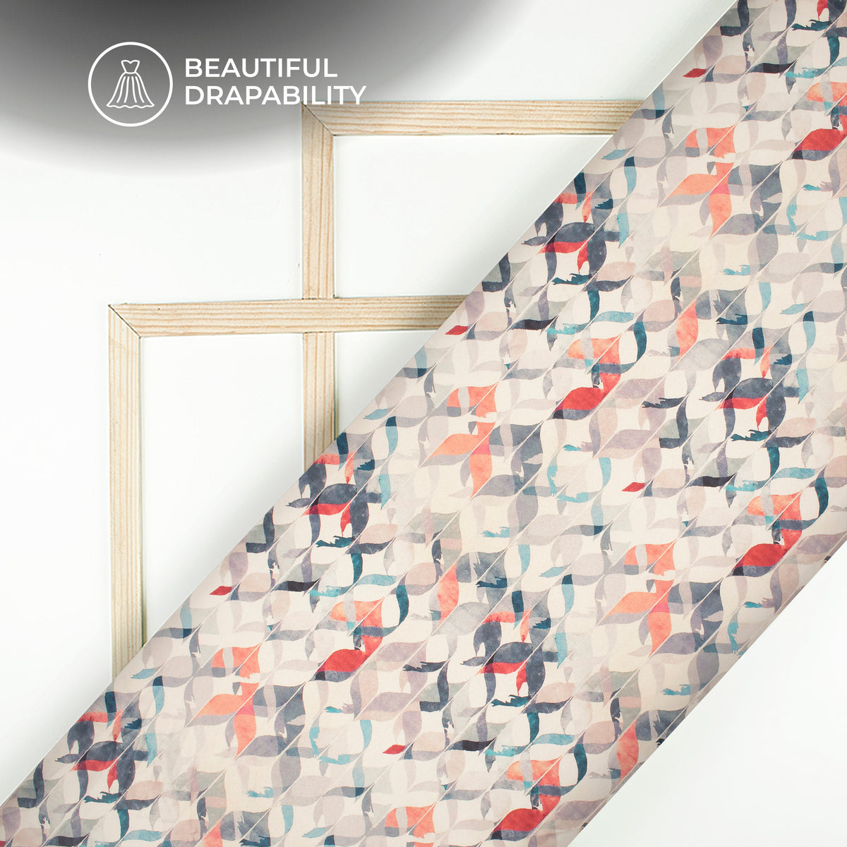 Ivory Geometric Digital Print Charmeuse Satin Fabric (Width 58 Inches)