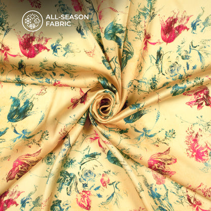Pastel Yellow Floral Digital Print Chiffon Satin Fabric