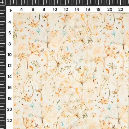 Beige Cream Leaf Digital Print Chiffon Satin Fabric