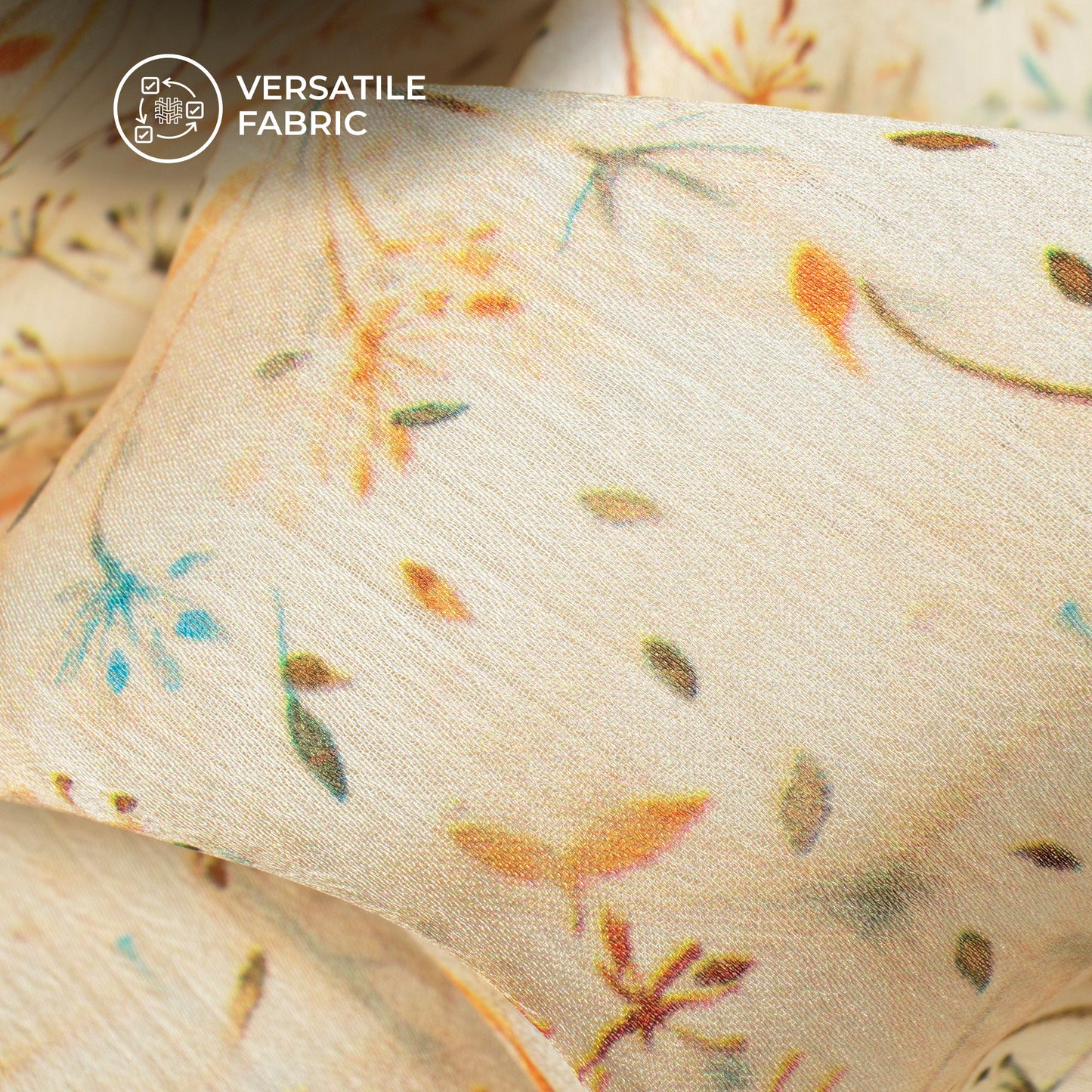 Beige Cream Leaf Digital Print Chiffon Satin Fabric