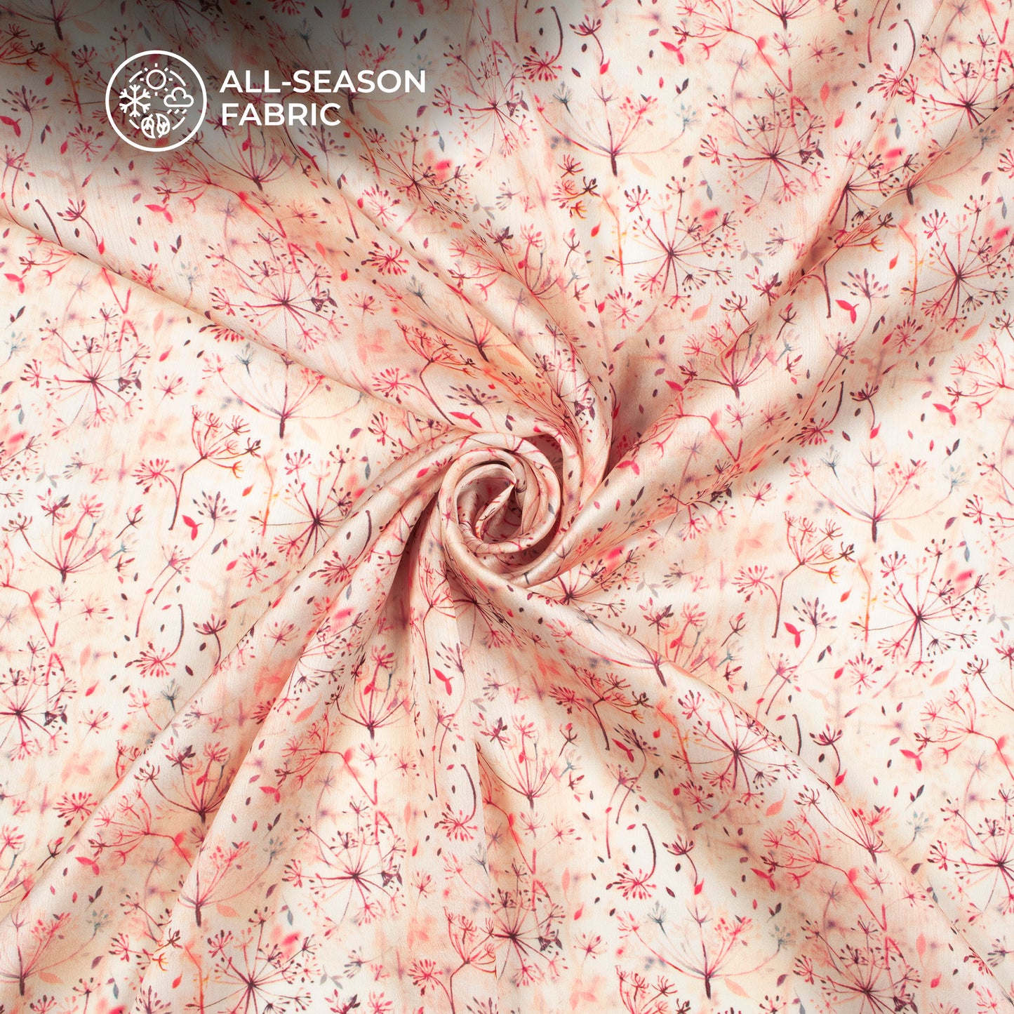 Peachy Pink Leaf Digital Print Chiffon Satin Fabric