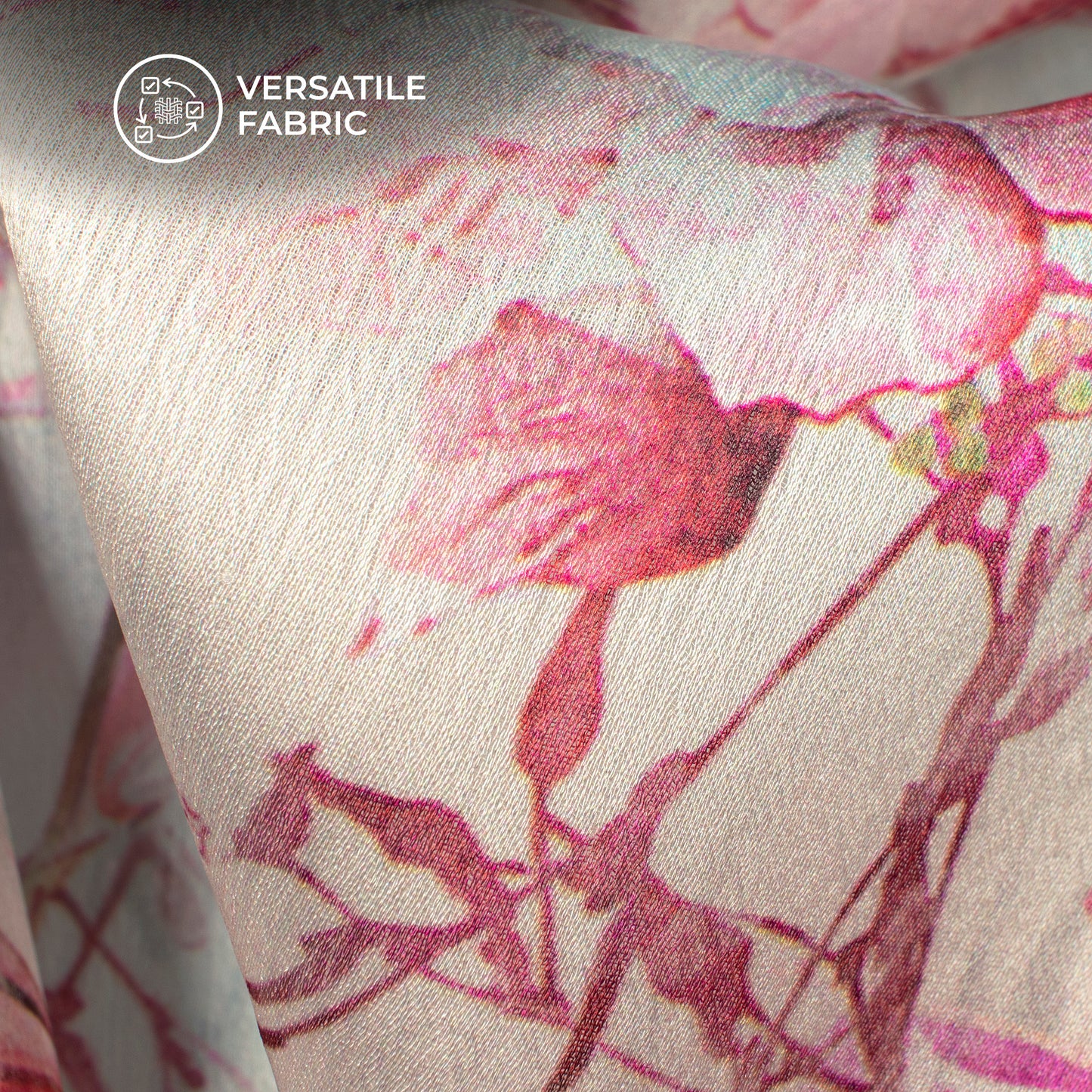 Baby Pink Floral Digital Print Chiffon Satin Fabric