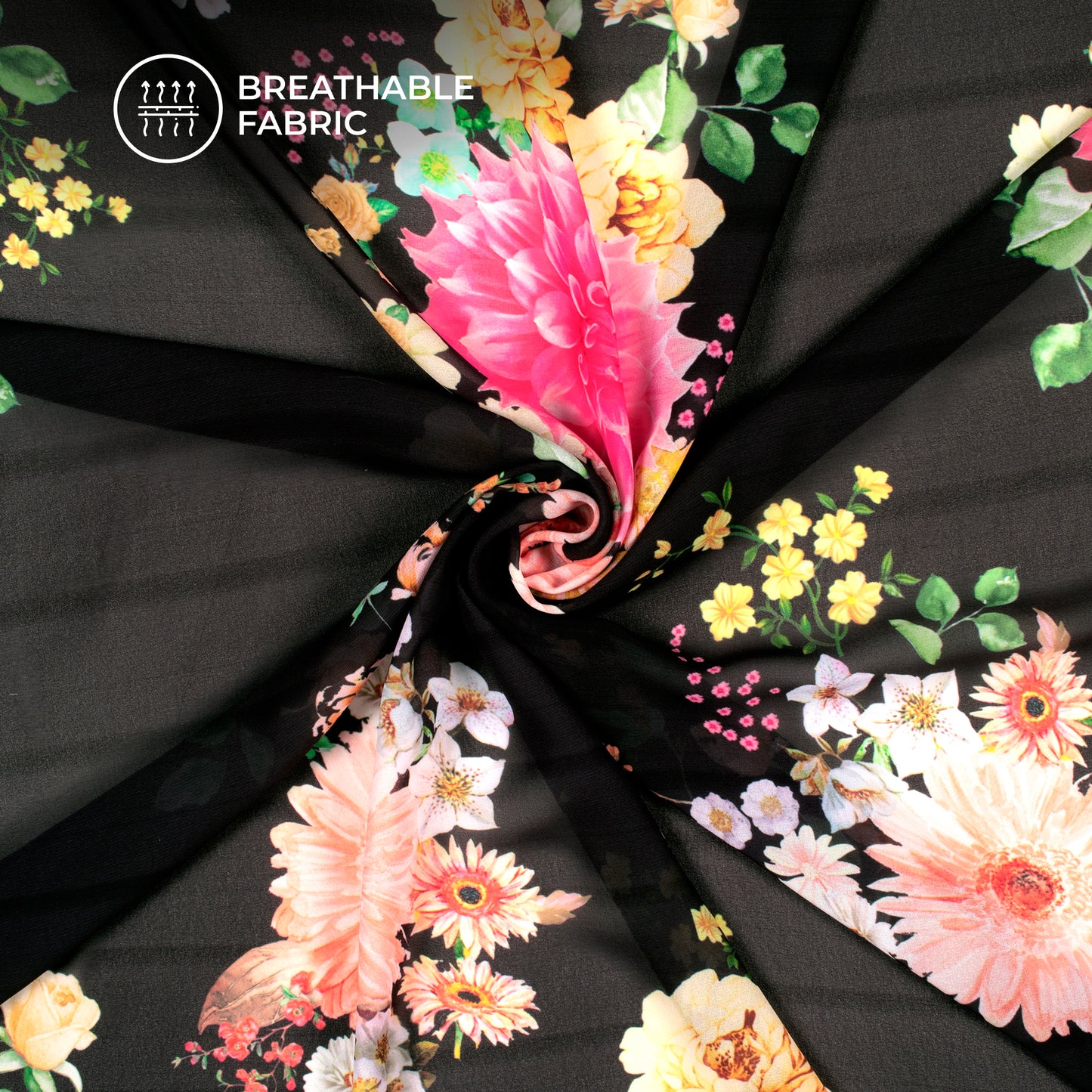 Elegant Black Floral Digital Print Lightweight Georgette Fabric