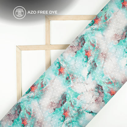 Turquoise Blue Tye And Dye Digital Print Jacquard Booti Japan Satin Fabric (Width 56 Inches)
