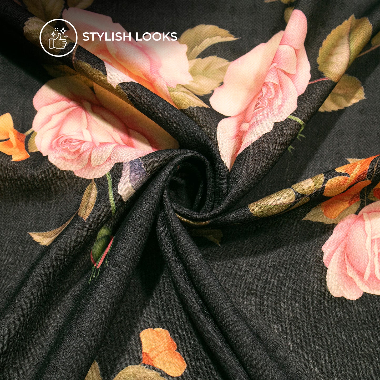 Black Floral Digital Print Blend Pashmina Fabric