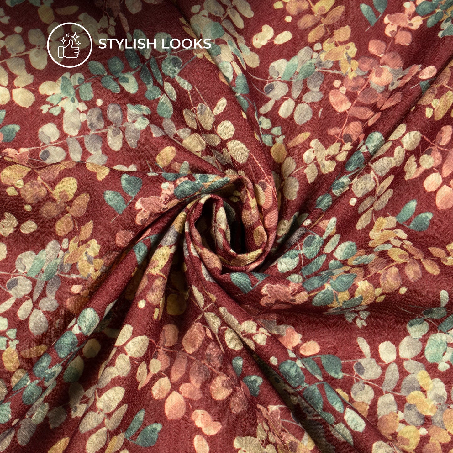 Dark Maroon Leaf Digital Print Blend Pashmina Fabric