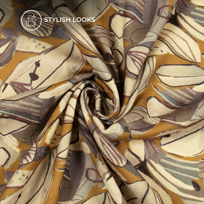 Murstard Yellow Leaf Digital Print Blend Pashmina Fabric