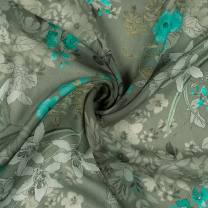 Gray Green Floral Digital Print Viscose Georgette Fabric